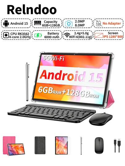 Relndoo Android Tablet With Keyboard And Mouse, Android 15 Tablets, 2 In 1 Tablet, 10 Inch Tablet With Laptop Case, Stylus, Data Cable, RK3562 Quad-Core 2.0 GHz, (6GB+20GB)RAM+128GB ROM, 2MP+8MP Dual Camera, 1280*800px HD Touchscreen, 6000mAh Battery, Supports 1TB SD Expansion, 802.11n Wifi 2.4G/5G Wireless, GPS, Certified Tablet PC-Pink