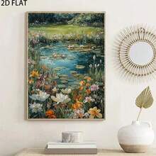 1 件油画帆布艺术墙饰，描绘郊区池塘中盛开的莲花，卡通复古风格风景印刷海报房间装饰、走廊、书房、卧室墙壁艺术、秋季装饰（无框架） - 彩色 - 查看 2