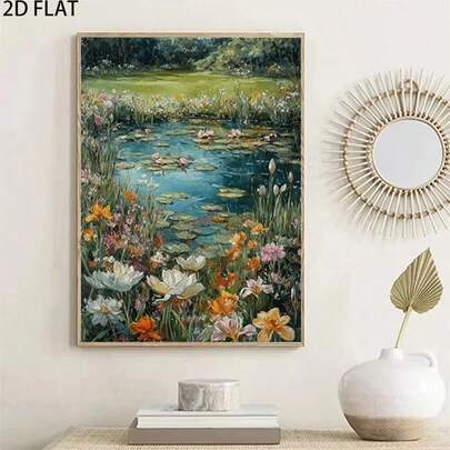 1 件油画帆布艺术墙饰，描绘郊区池塘中盛开的莲花，卡通复古风格风景印刷海报房间装饰、走廊、书房、卧室墙壁艺术、秋季装饰（无框架）