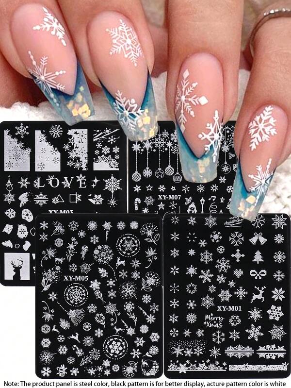 1pc/4pcs Winter Snowflake Nail Art Stamping Plate 3D Penguin Elk Balloon Letters Gloves Pine Tree Elk Snowman Christmas Xmas Design Printing Template Nail Art Accessories Tools, DIY Manicure Salon For Women And Girls Nail Supply