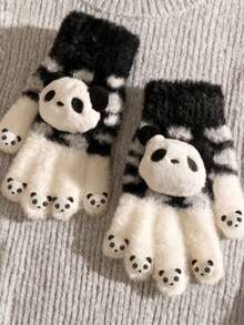 Panda-Themed Plush Winter Gloves - Convertible Knit Flip Top, Spandex And Polyester, Hand Washable - Cozy Cold Weather Mittens With Cartoon Animal Design - White And Black Summer - Multicolor - View 7