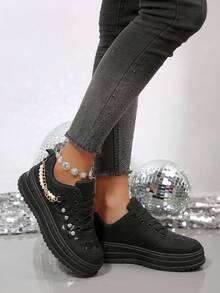 2025厚底女鞋，2025春秋新款厚底百搭厚底运动鞋，水钻钩环高跟坡跟休闲运动鞋 - 黑色 - 查看 4