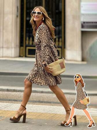 Fashionable Casual Leopard Print Lantern Sleeve V-Neck Dress