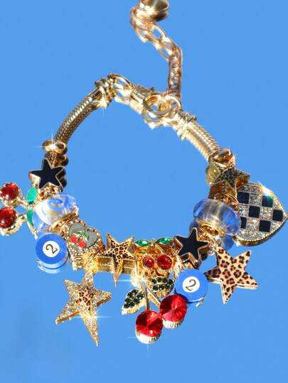 1pc Lucky Number Swirl Charm Bracelet, 1pc Leopard Star Girl Bracelet, 1pc Y2K Cherry Leopard Bracelet, 1pc Checkerboard Heart Bracelet, 1pc Poker Chip 8 Ball Bracelet