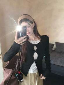 甜美火辣女孩镂空长袖T恤，新款波点打底衫，修身款黑色春季上衣 - 黑色 - 查看 4