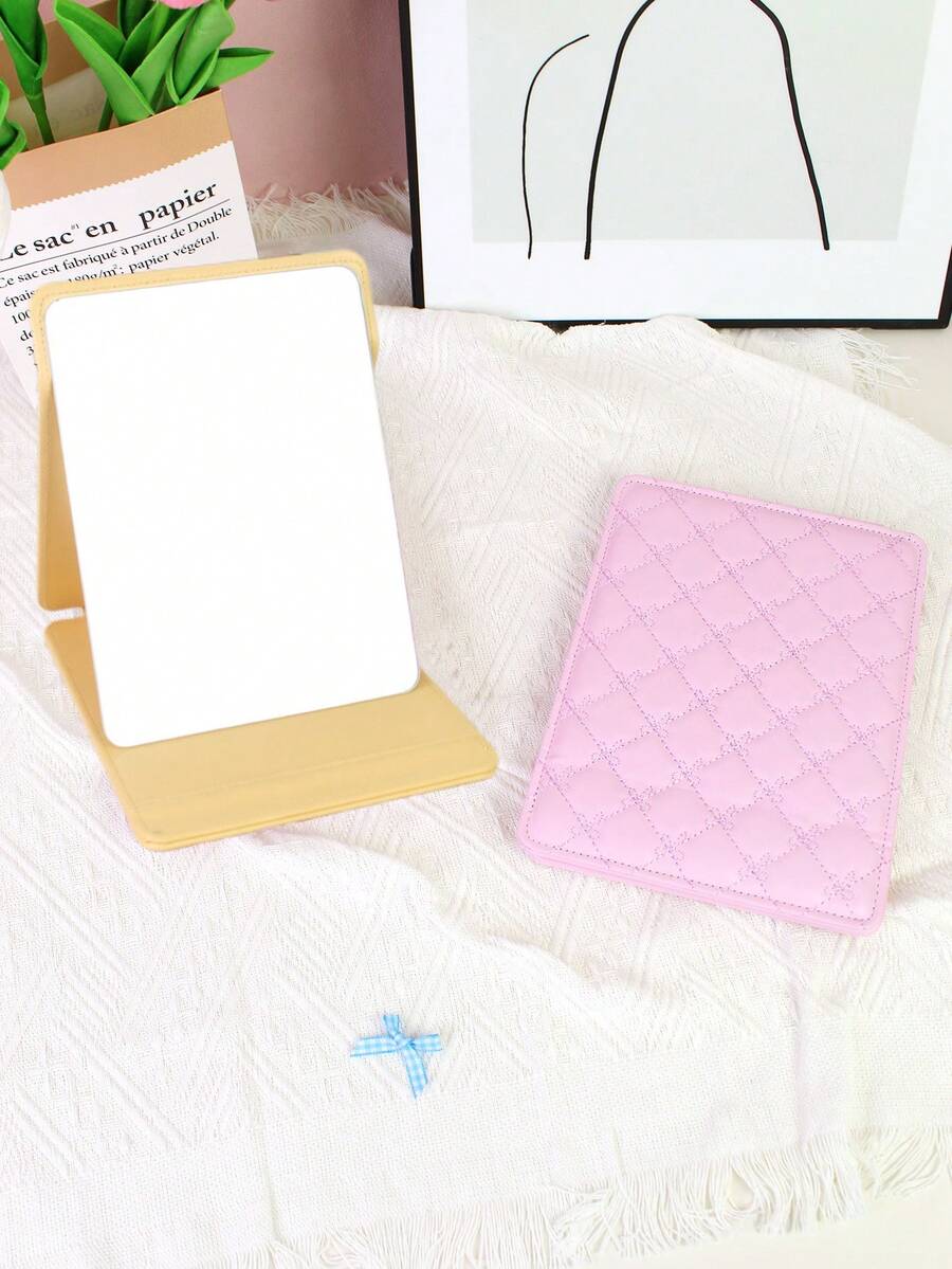 1pc Folding Rhombus Makeup Mirror, Elegant Minimalist Style For Bedroom Vanity Table, PU Material,Cheap,Stocking Stuffers,Makeup,Makeup Tools,Cheap Stuff,Gifts,Gifts For Women,Christmas Gifts