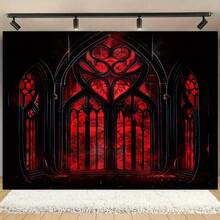2D Flat  Gothic Black & R1d Vintage Stained Glass Window Design 2D Flat Banner - Large Wall Hanging For Halloween Party  Decor  Home & Living Room  Polyester  No Electricity Needed  Gothic Home Decor  Halloween Decorations  Gothic Style   Durable Fabric  Gothic R1d Black Backdrop/Panelling  Halloween Decoration Garage Door/Photo Backdrop  Cathedral  Banner/R1d Window Gothic  Halloween Banner  Wall Tapestry  Birthday Decor - 彩色 - 查看 3