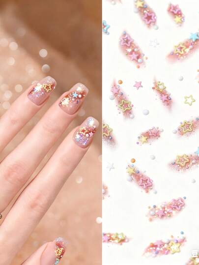 قطعة واحدة من ملصقات الأظافر ثلاثية الأبعاد بنقوش نجمية بارزة للنساء، بأشكال اللوز والحرف T والقطرة الدمعية، ملصقات أظافر أنيقة وعصرية للنساء، ديكورات أظافر للضغط اليدوي للنساء، مناسبة للاستخدام في حفلات الأعياد والنزهات الخارجية والعروض