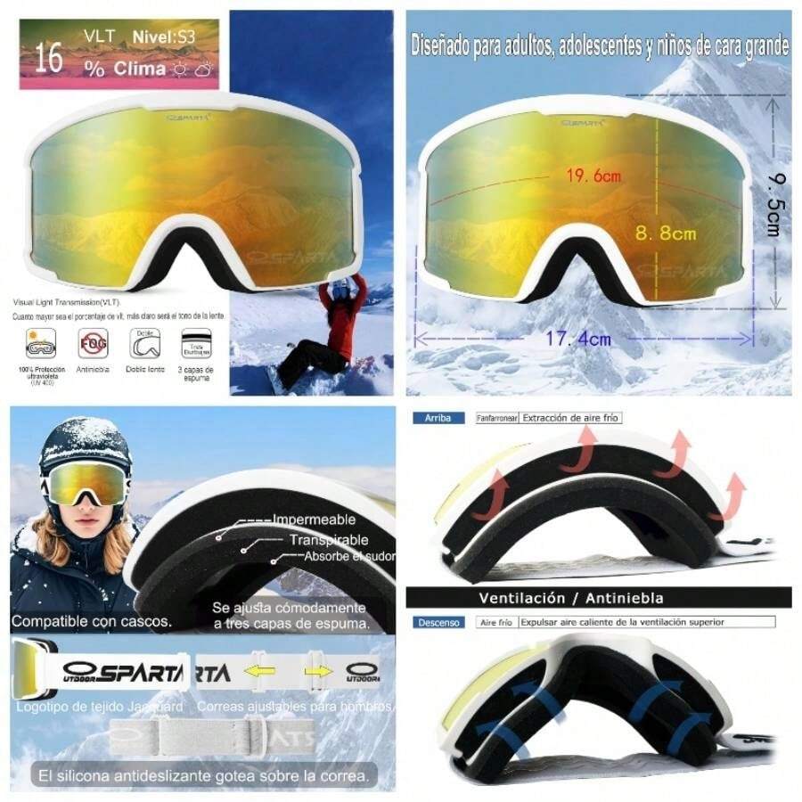 OUTDOOR SPARTA Gafas de esqu para hombres, gafas de esqu para mujeres antiniebla gafas de esqu ultravioleta para hombres y mujeres adultos - 4. Borde blanco, espejo de lente completa dorado - Ver 1