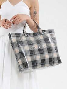 Fashionable College Style Large Capacity Tote Bag - Lightweight PVC And Kraft Paper Material, Hook And Loop Closure, Stylish Choice For Women - Black - View 3