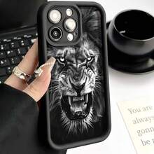 New Film Style Gray And White Wild Lion Head Creative Hot-Selling Phone Case - Suitable For IPhone 11/12/13/14/15/16 Pro/Pro Max/Plus, Shockproof Full Protection Phone Case, Gift For Family And Friends. - 黑色 - 查看 6
