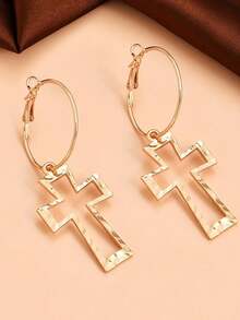 1 Pair Fashionable Hollow Cross Pendant Hoop Earrings, Gold Color - Yellow Gold - View 3