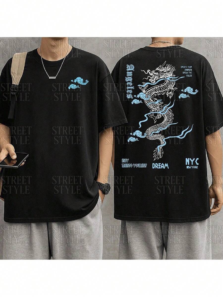 Dragon Angels Dream NYC Streetwear T-Shirt Shirt Blouse Unisex Men Women 100% Cotton Top Premium Streetwear New Release Fast Shipping Various Colors!! Plus Size - màu đen - Xem 1