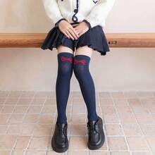 1 双女童及膝袜，带蝴蝶结，公主风格菱形图案过膝袜，春秋 - 藏蓝色 - 查看 5