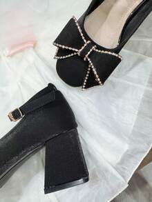 Cute Black High Heels For Teens, Square Toe With Bow & Rhinestone Decor, Elegant For Outdoor Daily, Romantic, Party, Music Performance In Autumn/Winter