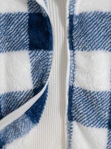 男童休闲格子拉链立领长袖羊毛夹克，适合秋冬季