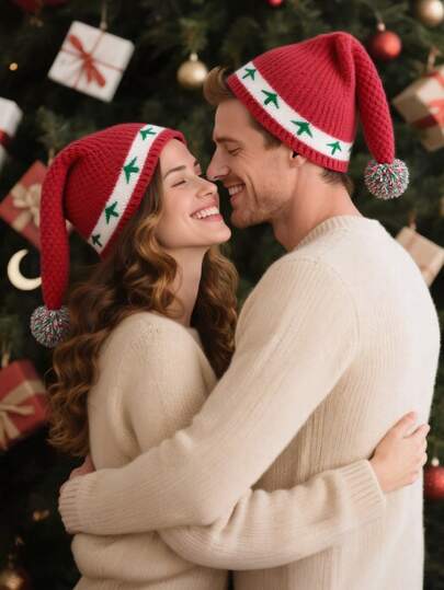 情侣圣诞帽带绒球，男女节日圣诞针织帽，圣诞派对角色扮演，寒冷天气保暖针织头饰，圣诞礼物创意