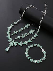 4 Pieces/Set Rhinestone Rhinestone Bridal Bridesmaid Jewelry Set, Elegant Horse Eye Pointy Rhinestone Leaf Necklace Pendant Earrings Bracelet Set, Suitable For Women's Wedding Party Accessories - Light Green - View 6