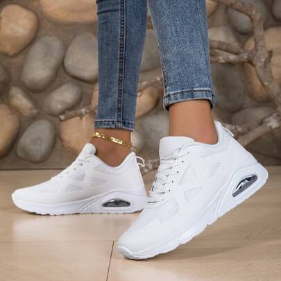 Women's White Cushioned Platform Casual Sneakers - Lightweight, Lace-Up Low-Top, Mesh Breathable, Solid Color Minimalist, Comfortable For Outdoor, Running, Hiking, Walking