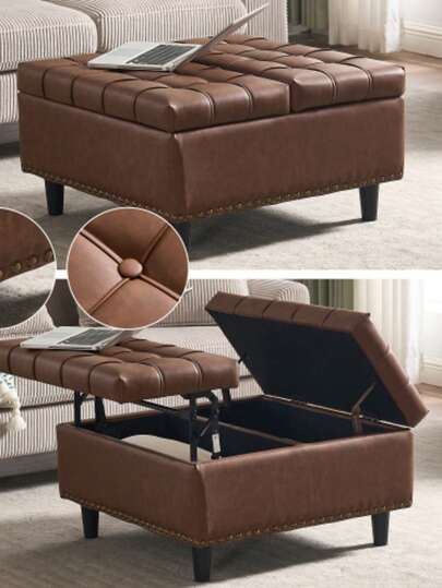 Large quadratischer Aufbewahrungsstuhl, anhebbare Bank mit Stauraum, geeignet für Wohnzimmer Schlafzimmer Arbeitszimmer gepolsterte Aufbewahrungsbox(Brown PU)