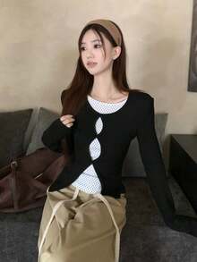 Sweet & Hot Girl Design 2 In 1 Hollow Long Sleeve Polka Dot Fitted Blouse - Black - View 6