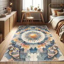 Retro Mid Century Abstract Pattern Rug On Ivory Background, Dark Orange And Reseda Green, 4' X 5' 5", Ideal For Bedroom, Dorm And Living Room - Biru Abu-abu Aprikot Beige - View 2