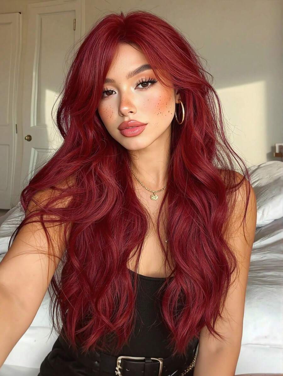 Hair Cube Length 26 Inches Natural Layered Long Curly Hair With Fringe Wig, Designed For Girls Beautiful Wig, Suitable For Women Festival Cosplay Friends Party Daily Wear Halloween Christmas Wig - 酒紅色 - 查看 1