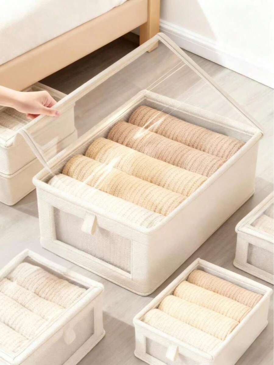 1pc Oxford Fabric Storage Box - Foldable Fabric Storage Box With Window And Lid, Moisture-Proof, Suitable For Clothes/Pants/Socks, Holiday Gift - Beige - View 1