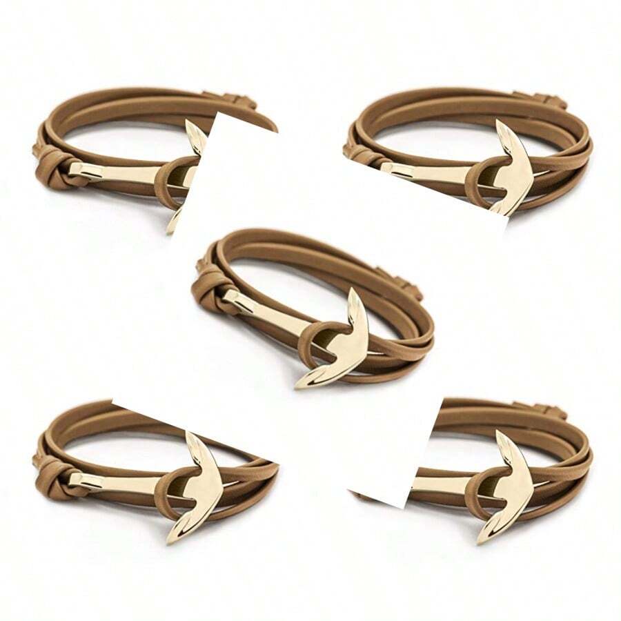 Anchor Bracelet Nautical Handmade Black Gold Plated Vegan Leather Motivational Sailor Stainless Steel Dorsal Wrist Wrap for Men and Women - café dorado - Ver 1