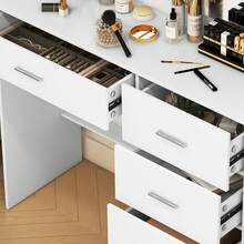 Makeup Vanity With Lights,Vanity Desk With Mirror And Stool,White Dresser Table With Drawers And Open Shelves,3 Color Modes,10 LED Light,Sliding Mirror,Adjustable Brightness,Modern Wood Vanity Desk Set For Bedroom,Bathroom,Halloween Gift For Women - 白色 - 查看 8