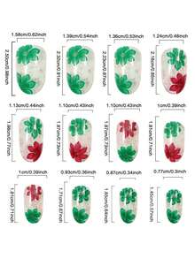 24 piezas de uñas postizas ovaladas con degradado de rojo, blanco y verde, flores minimalistas, incluye 1 lima de uñas y 1 adhesivo de pegamento para uñas, kit de uñas para regalo de niñas y mujeres para fiestas, citas y uso diario