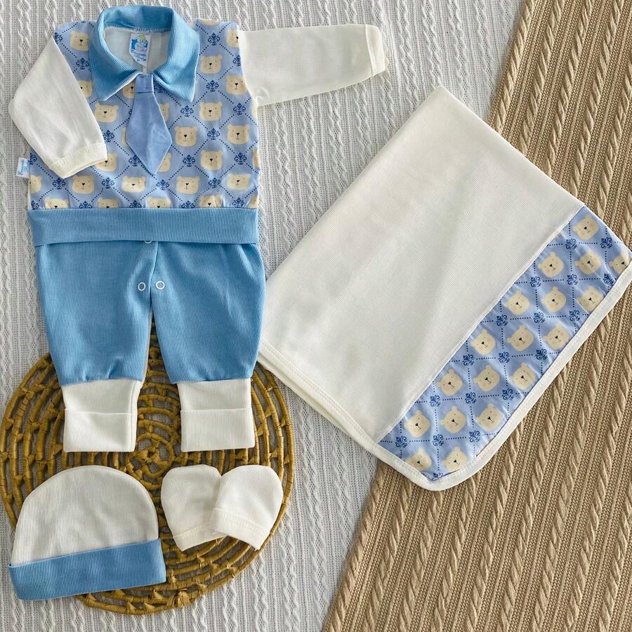 Baby Boy's Maternity Leave Kit 5 Pieces Blanket Jumpsuit Gloves Hat And Vest - 淺藍色 - 查看 1