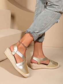 头巾闪亮弹性透气深脚背时尚轻便麻绳坡跟女鞋 - 金色 - 查看 4