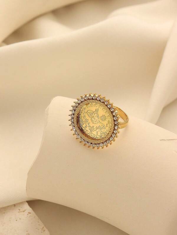 1pc Vintage Copper Alloy Gold Plated Coin Ring With Rhinestones, Suitable For Women's Daily Wear And Holiday Gifts