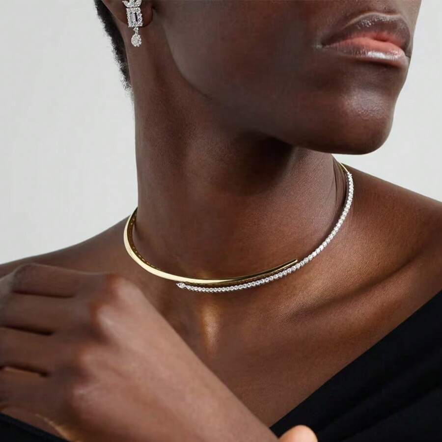 1pc Men's Fashionable Rhinestone Circular Choker Necklace, Versatile Minimalist Collarbone Chain Accessory - Multicolor - View 1