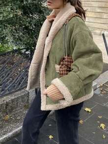 1pc Women's Autumn/Winter Cardigan, Button Closure, Retro Lapel, Loose Fit Faux Fur & Wool Blend Jacket - Green - View 3