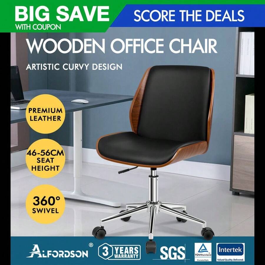 ALFORDSON Wooden Office Chair Computer Chairs Wood Seat PU Leather Black