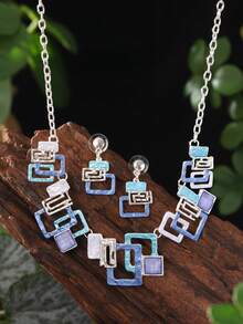 Cring Coco 3pcs/Set Fashion Boho Simple Enamel Geometric Jewelry Set For Woman Accessories New Zinc Alloy Necklace And Earring Sets Minimalist Design Suitable For Daily Dance Party Holiday Music Festival Valentine's Day Jewelry Gift