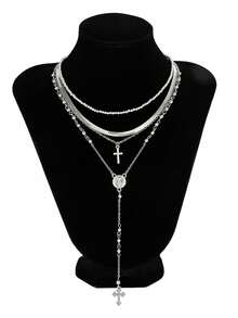 Set de 4 collares con baño de oro de 14k, multicapa, con cuentas y cruces y Virgen María, adecuado para vacaciones, oración,