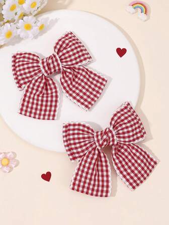 2pcs Red Plaid Hair Bows For Women Girls Red White Checkered Fabric Bow Alligator Clips Elegant Bow Hair Clips Casual Check Bow Hairpins Girls Holiday Gifts Ponytail Bow Barrettes Women Hair Accessories, Hair Slide, Hair Barrettes