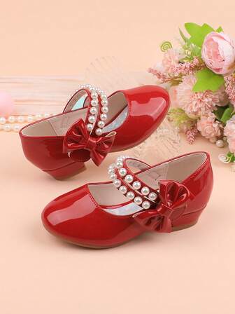 Girls' Fashion Red/Burgundy Bow Pearl Decor Chunky Heel Dress Shoes, Suitable For Formal Occasions, Parties, Weddings, Performances, Ballet, Princess Style, Comfortable Classic Versatile Flats For Toddler, Little & Big Girls