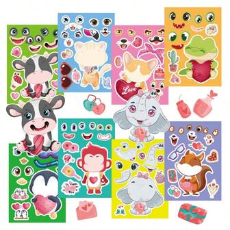 Pegatinas de cara DIY para niños, pegatinas de papel con dibujos animales mezclados y combinados, artesanía autoadhesiva, adecuada para recuerdos de fiesta, desechable, rectangular, excelente para recompensas y regalos de maestros