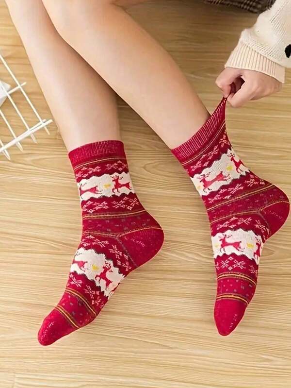 5 paires de chaussettes mi-mollet confortables à imprimé renne - chaussettes de Noël chaudes et épaisses pour femmes, design animal festif, chaussettes de Noël