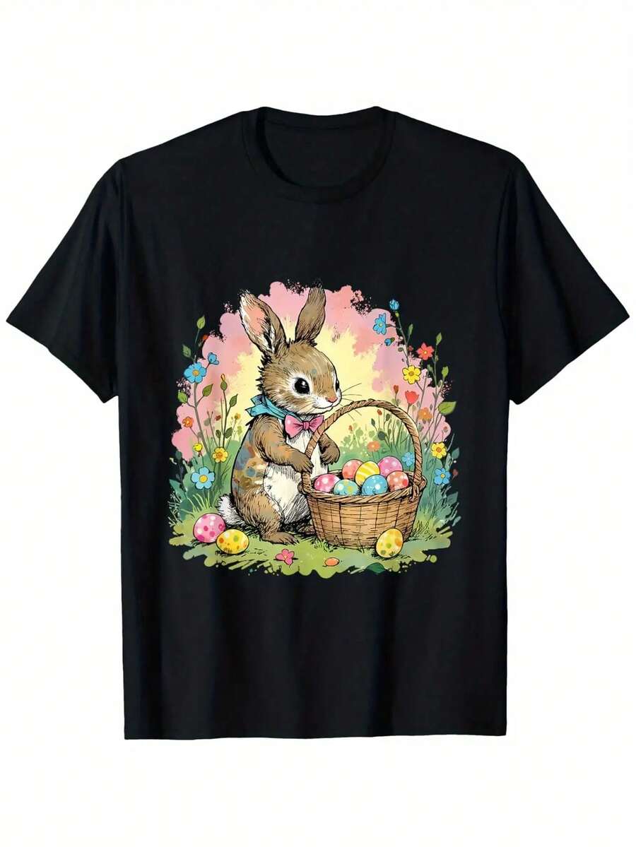 Camiseta de Conejo de Pascua para Hombre; Camiseta de Cesta Floral -% Algodón. Manga corta. Negro. Cuello redondo. Casual; Ajuste cómodo. Regalo perfecto para familiares y amigos. Tallas S-. Lavable aáquina. Duradero; Algodón Transpirable - Negro - Ver 1