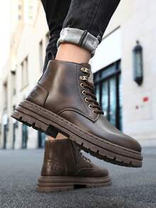 Men's Fashionable High-Top Round Toe Ankle Boots, Thick Sole, Anti-Slip, Retro Casual Style, Suitable For Outdoor In Winter, Plus Size - Brown - View 2