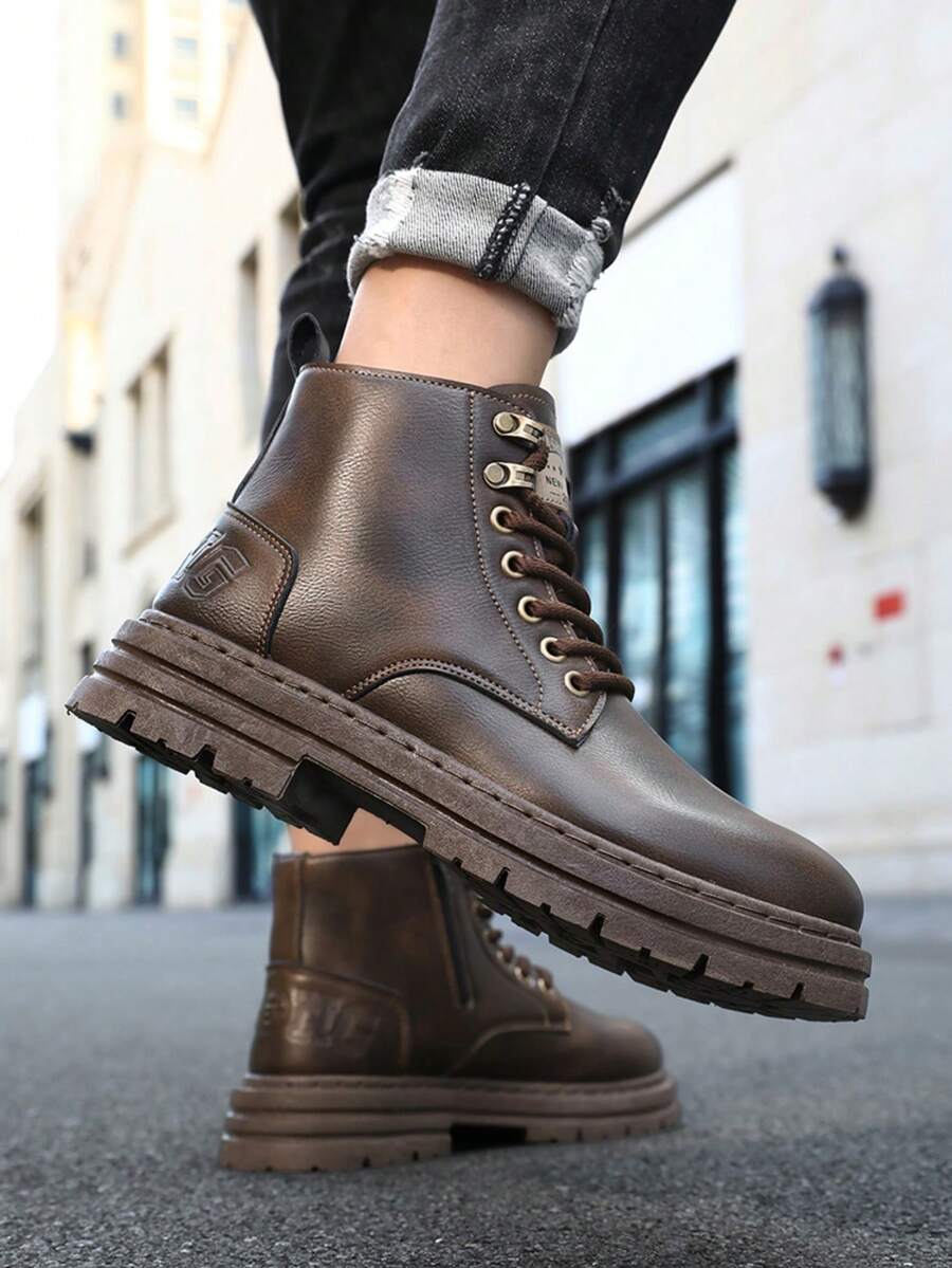 Men's Fashionable High-Top Round Toe Ankle Boots, Thick Sole, Anti-Slip, Retro Casual Style, Suitable For Outdoor In Winter, Plus Size