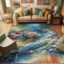 Retro Mid Century Abstract Pattern Rug On Ivory Background, Dark Orange And Reseda Green, 4' X 5' 5", Ideal For Bedroom, Dorm And Living Room - Biru Laut Multiwarna - View 5