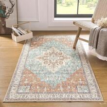 5x7 Washable Boho Neutral Vintage Rustic Earth Tone Area Rug With Rust Terracotta Pattern For Living Room, Dining Room, Bedroom - Light Tan Brown Beige, Modern Farmhouse Style - Terracotta Turquoise - View 10