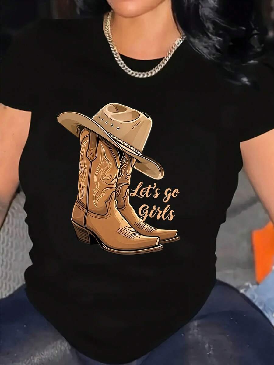 Cowboy Boots And Hat Graphic Let's Go Girls Western Style T-Shirt For Women Country Music Festival Outfit, 220g - màu đen - Xem 1