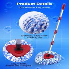Spin Mop Replacement Head Compatible With O-Cedar 2 Tank Rinseclean,4 Mop Heads +1 Handle +1 Base , Microfiber 100% Refills, 30-58in Stick Easy-To-Replace ( Blue 2 Tank ) - 白色 - 查看 3